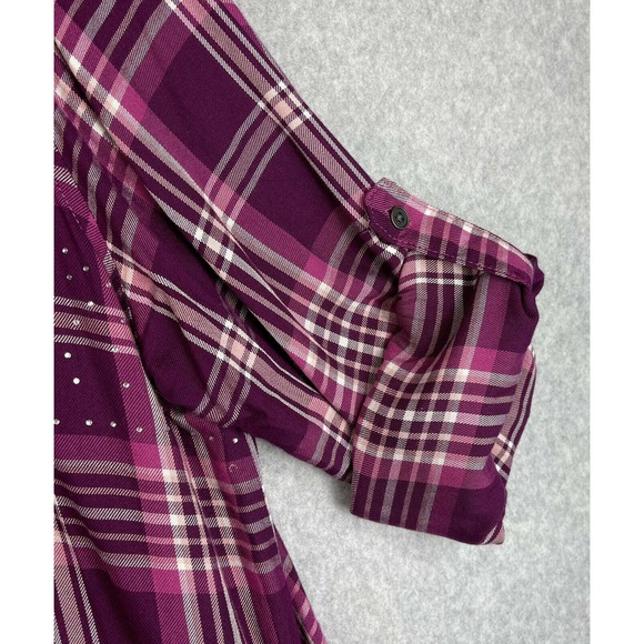 SIMPLY EMMA Plus Woman Size 2X Purple Plum Plaid Blouse Sparkle Tab Sleeve - Picture 5 of 12
